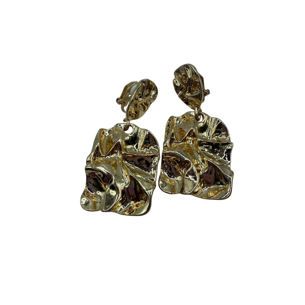 Gold Tone Metal Sculptural Hammered Drop Clip On Earrings Maximalist Retro 80s